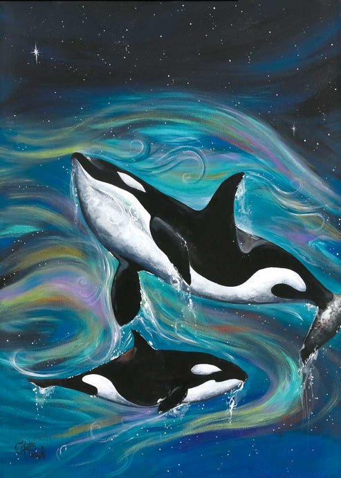colour illstraion of two killer whales in the ocean Indigenous art