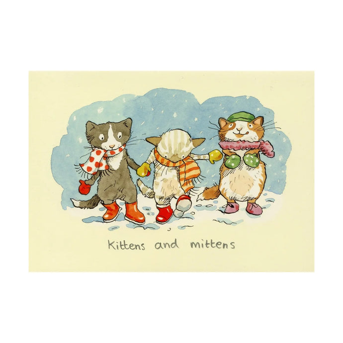 colour illustrations of three kittens in mittens and winter scarves very whimsical