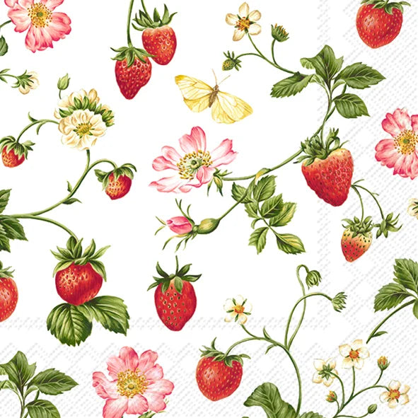 a paper napkin depicting strawberries and a small butterfly