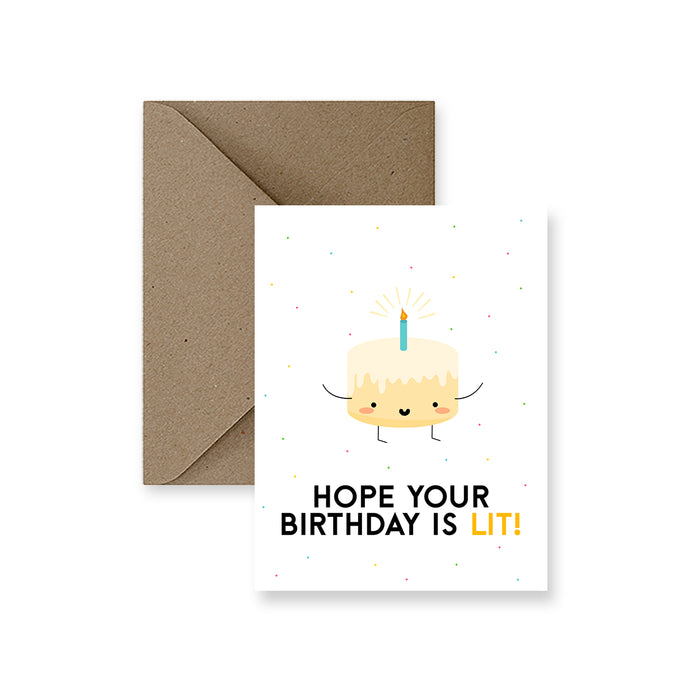 photo of a greeting card with a cute birthday cake with one candle on the top. text hope your birthday is lit 