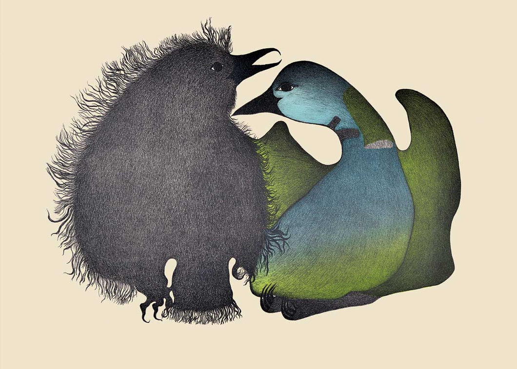 Indigenous illustration of an adult loon and a baby loon