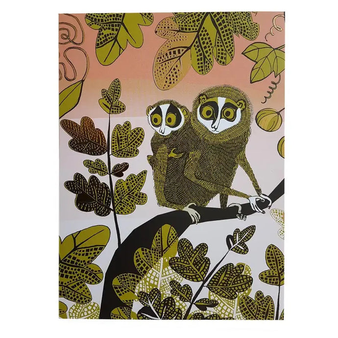 a greeting card with an artists depiction of a pair of loris 