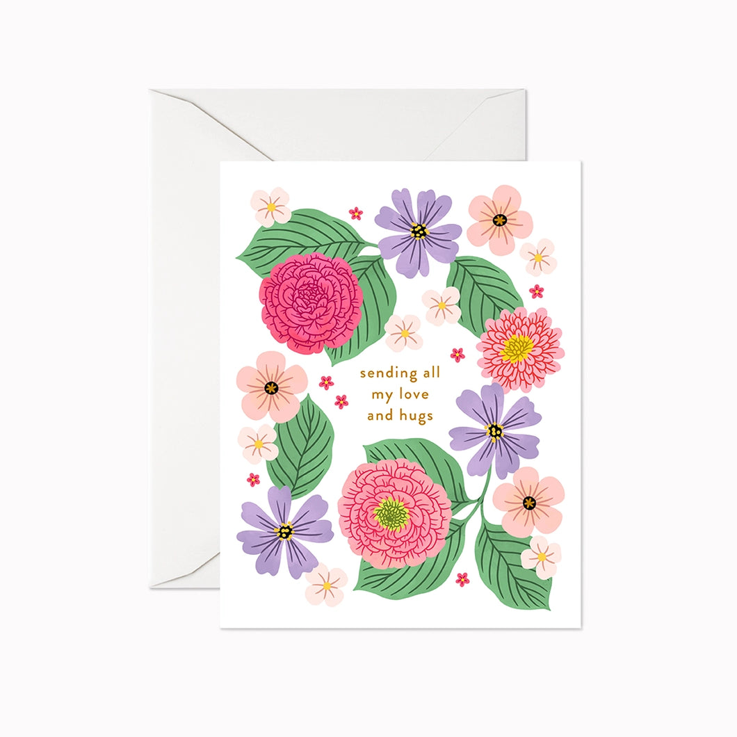 colour illustration of a greeting card with flowers text says sending all my love and hugs