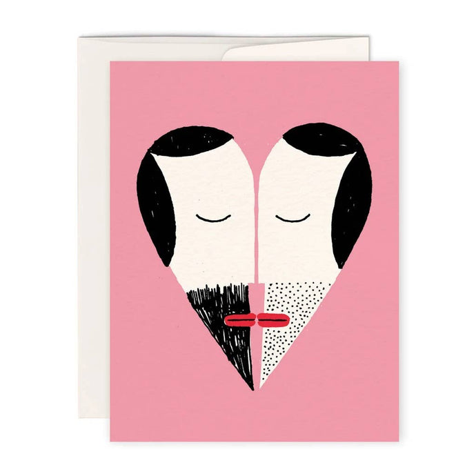 a modern illustration of two mens heads facing each other shaped into a heart