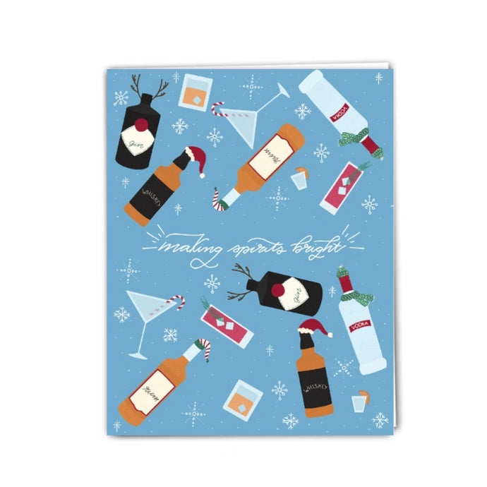 text making spirits bright on a blue greeting card with different drawings of liquors and spirits and wine 