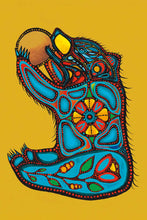 Load image into Gallery viewer, a greeting card of Indigenous art by JAckie Traverse of a bear covered in flowers holding what appears as a sun 
