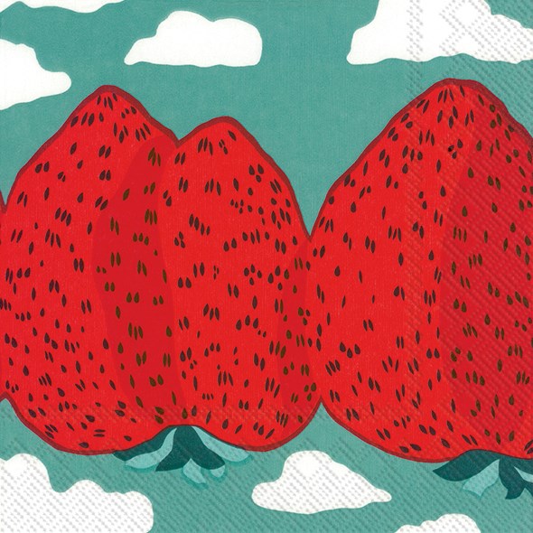 paper napkins by marimekko with red strawberries and teal backdrop 