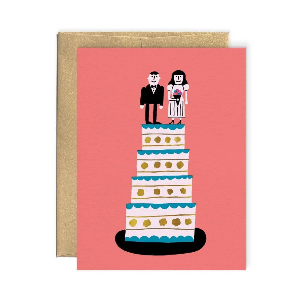 a modern illustration of a man and woman standing on top of a four tiered wedding cake 
