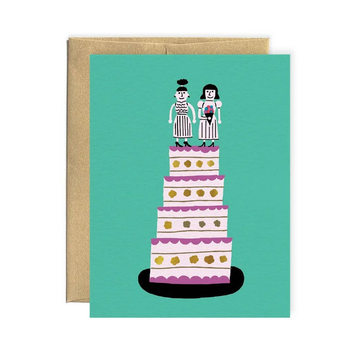 modern illustration of two women standing on top of four tiered wedding cake