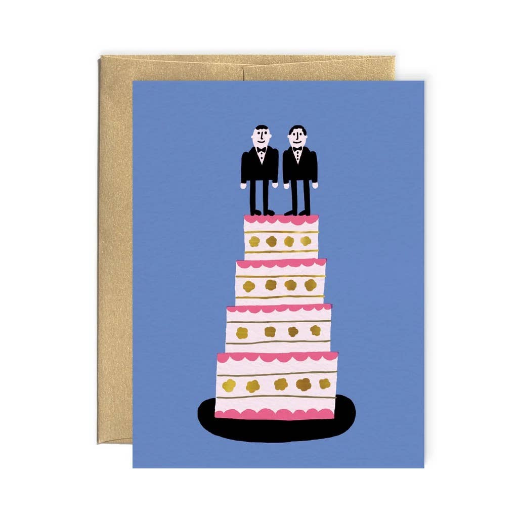 modern illustration of tow men standing on top of four tiered wedding cake 