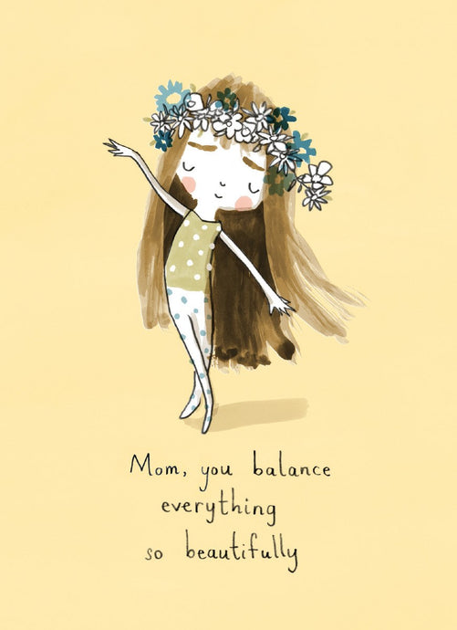 illustration of a young girl in a yog pose with a crown of flowers on her head on a pale yellow backdrop 