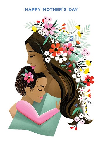 a  woman embracing a small child with flowers in their hair 