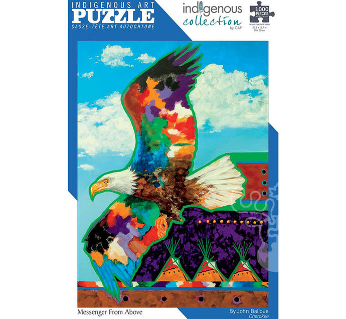 a jigsaw puzzle with colourful Indigenous art depicting a soaring bald eagle and three tepees on the prairie 