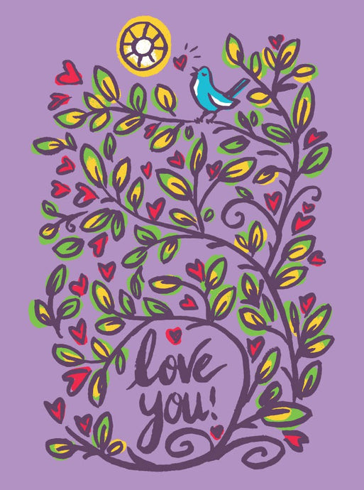 illustration of leaves and small flowers with hearts and a small bird sining on a mauve coloured backdrop