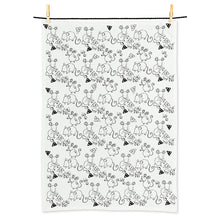 Load image into Gallery viewer, black and white illustration of mice and cheeses on white tea towel
