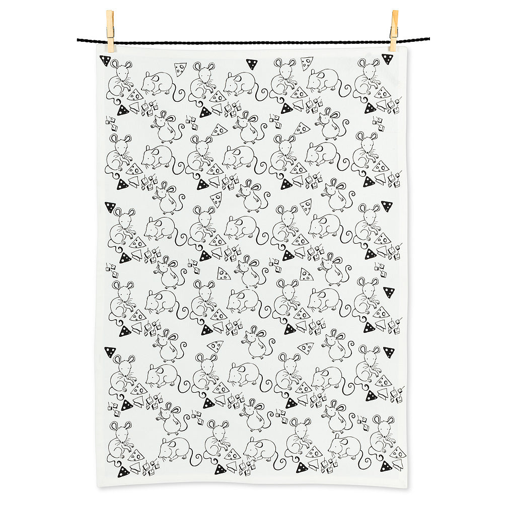 black and white illustration of mice and cheeses on white tea towel
