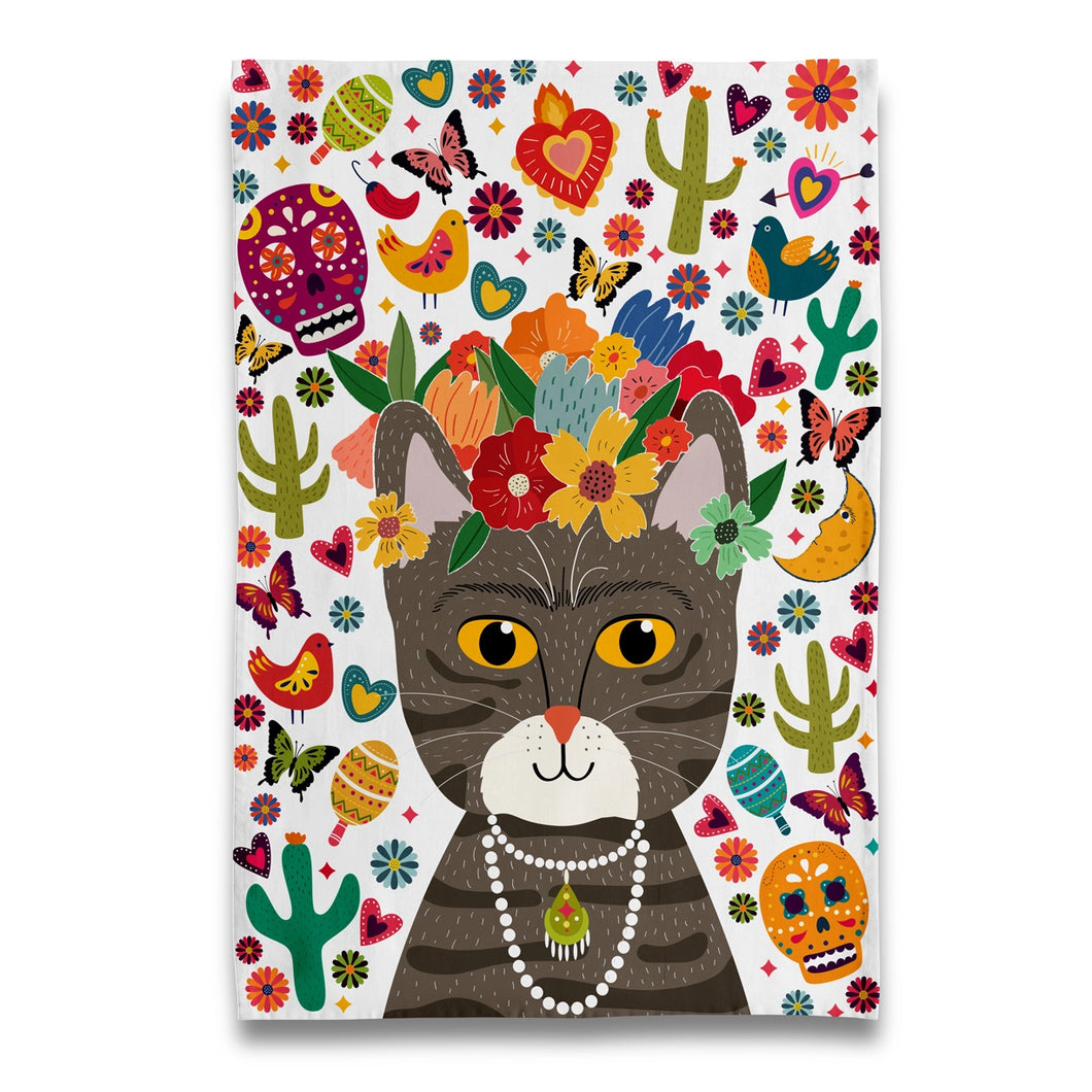 modern frida cat tea towel