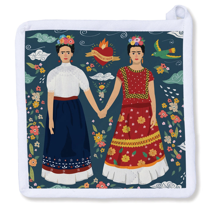 a potholder with a drawing of Frida Khalo the Mexican artist as depicted as twins 