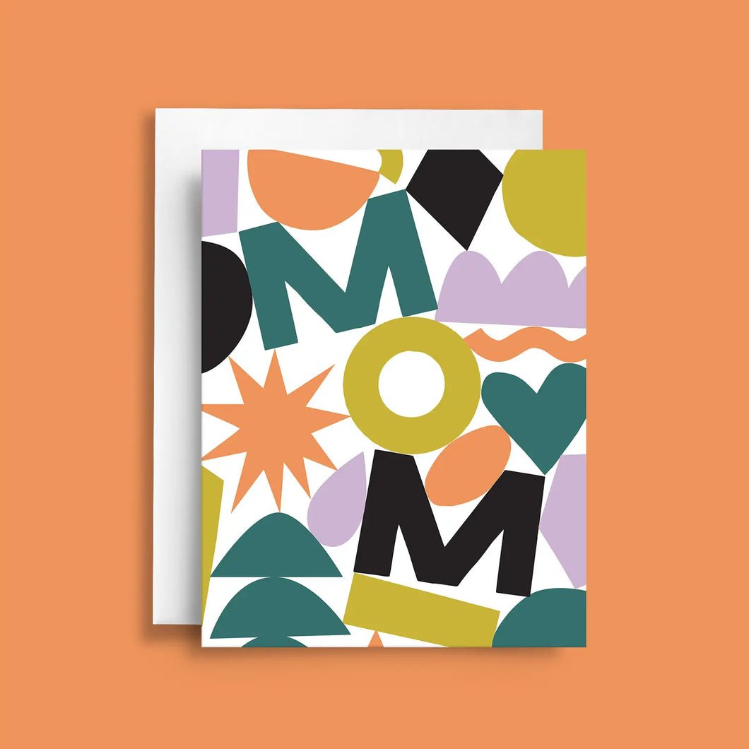 a colourful illustraion of modern shapes and geometrics with cut out text MOM  greeting card blank interior 