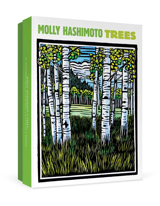 a boxed note card with image of birch trees 