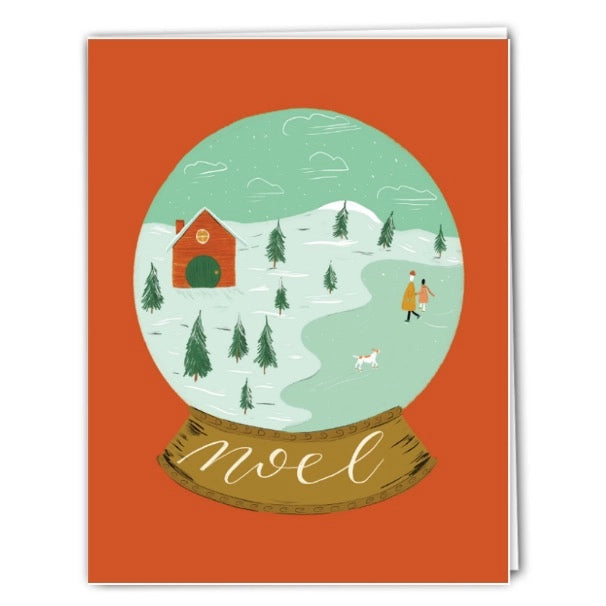 colour illustration of a snow globe with a skating and and 2 people skating with a dog . text says noel