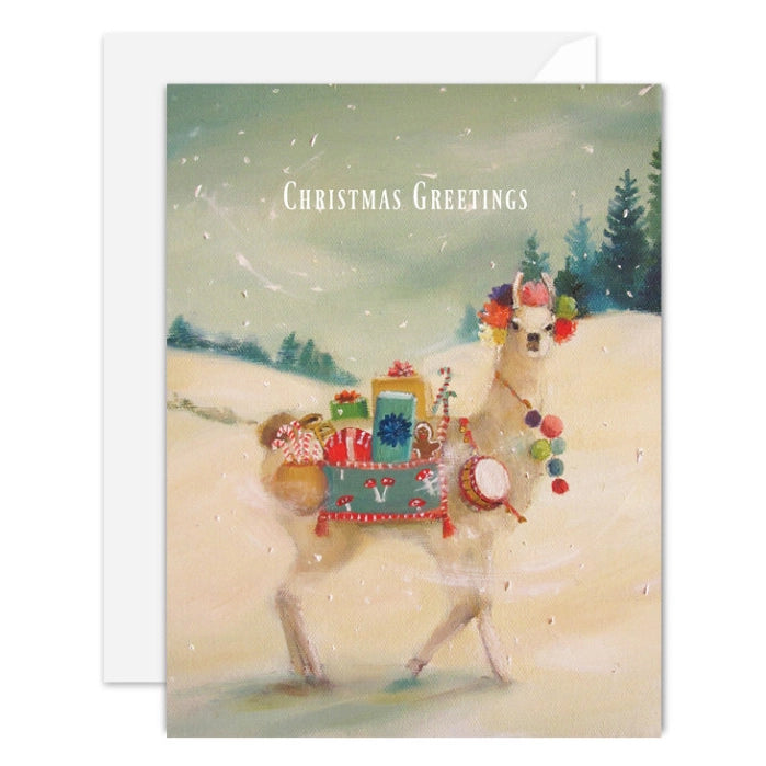 a greeting card featuring a art illustration of a llama wearing colouful pom poms and packages . text. christmas greetings 