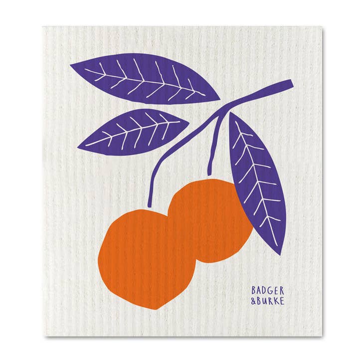 a pair of orange coloured oranges  hanging from a purple branch with 3 leaves on a rectangle dish cloth  a n artistic drawing 