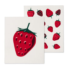 Load image into Gallery viewer, bright red straberry motif on a swedish dishcloth with a secound cloth that has multiple strawberries on it 
