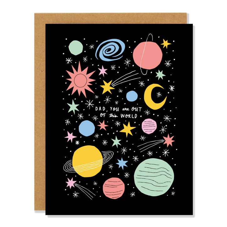 a greeting card in black colour with planets and stars. text. dad, you are out of this world 