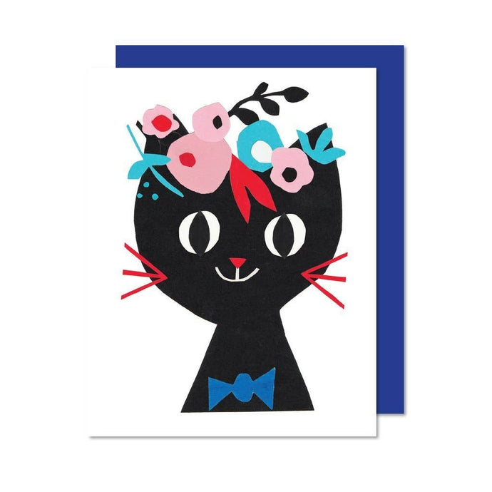 whimsical illustration of a black cat with flowers on its head 