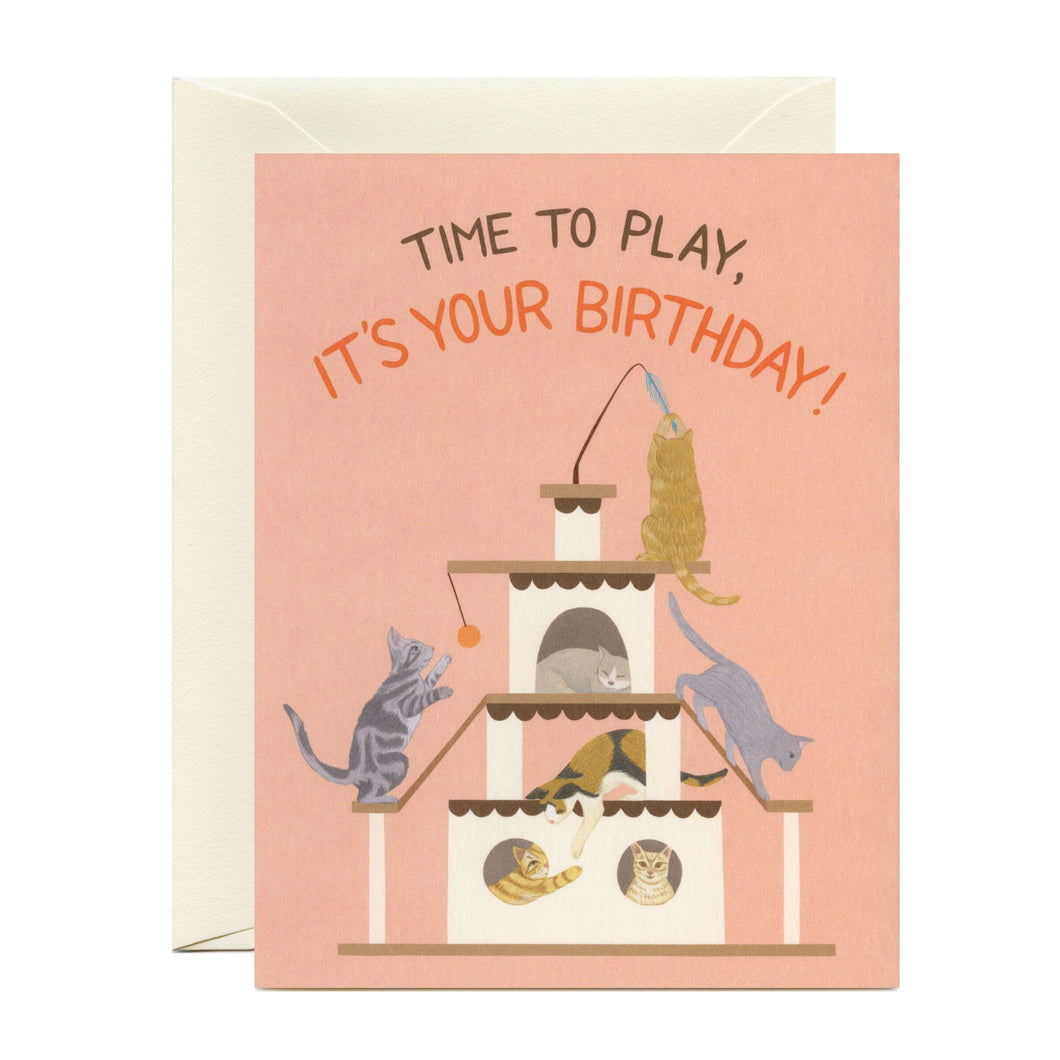 colour illustration of 7 cats playing and sleeping in a 3 tiered cat tower . text it's time tp play, it's your birthday  