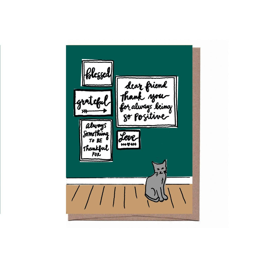 colour illustration of a grey cat with little signs posted on a green wall