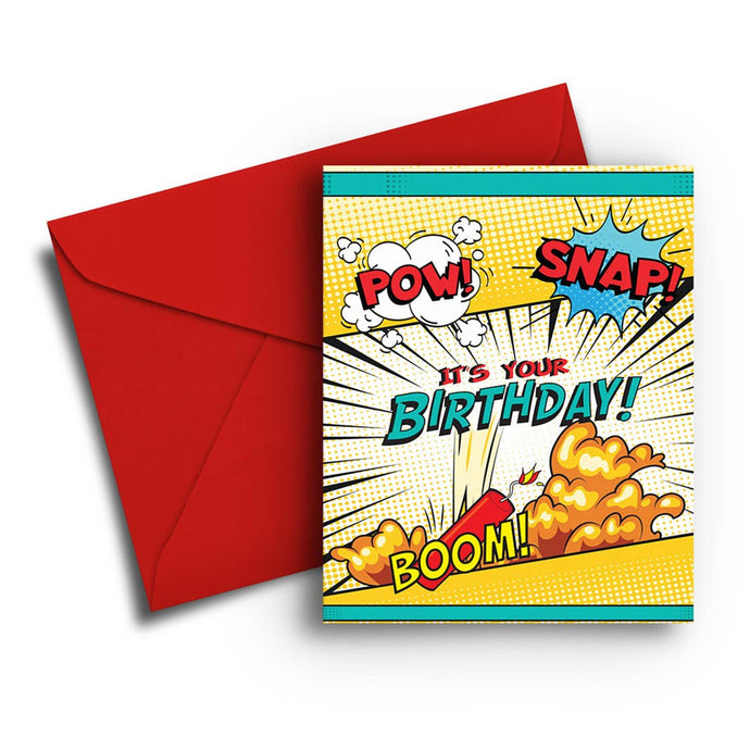 a greeting card coloured with a very bright illustration of old fashioned comic book script that says, boom, pow, snap, it's your birthday in bold colour paired with a bright red envelope. like old school batman style