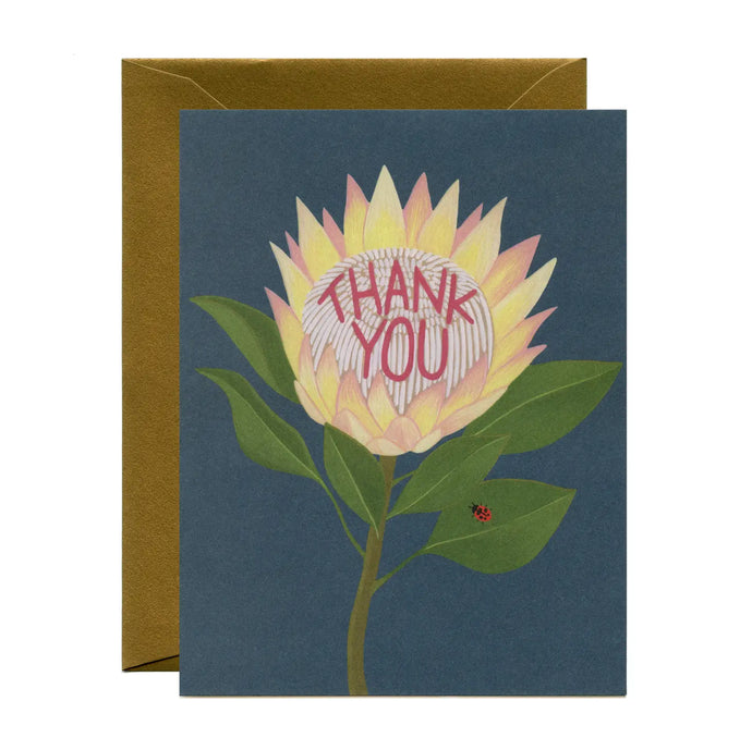 a greeting card with an illustration of a protea flower with text, thank you . on a dark blue background with a tiny ladybug on the leaf
