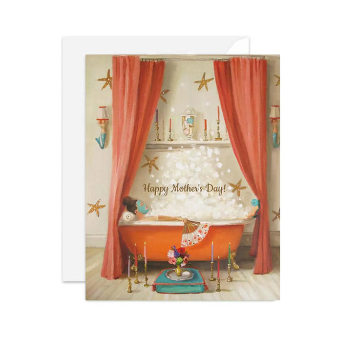 a greeting card with art illustration of a woman resting in a big clawfoot bath tub. text. happy mother's day 