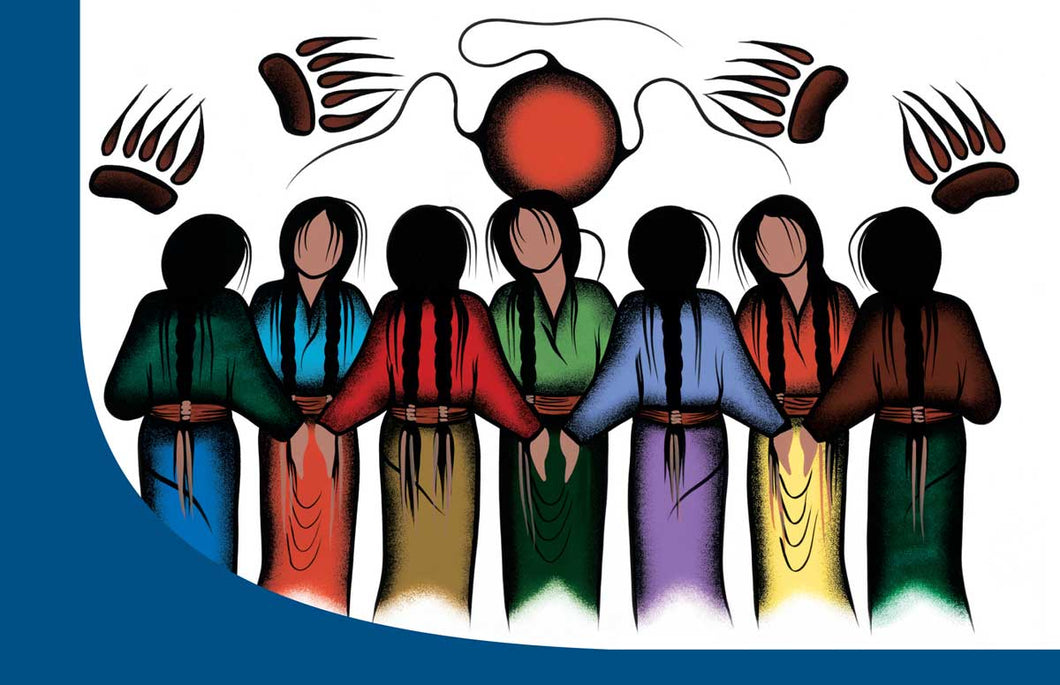 an Indigenous illustration of seven women holding hands with bear claws above, blue, black, red, purple, orange 
