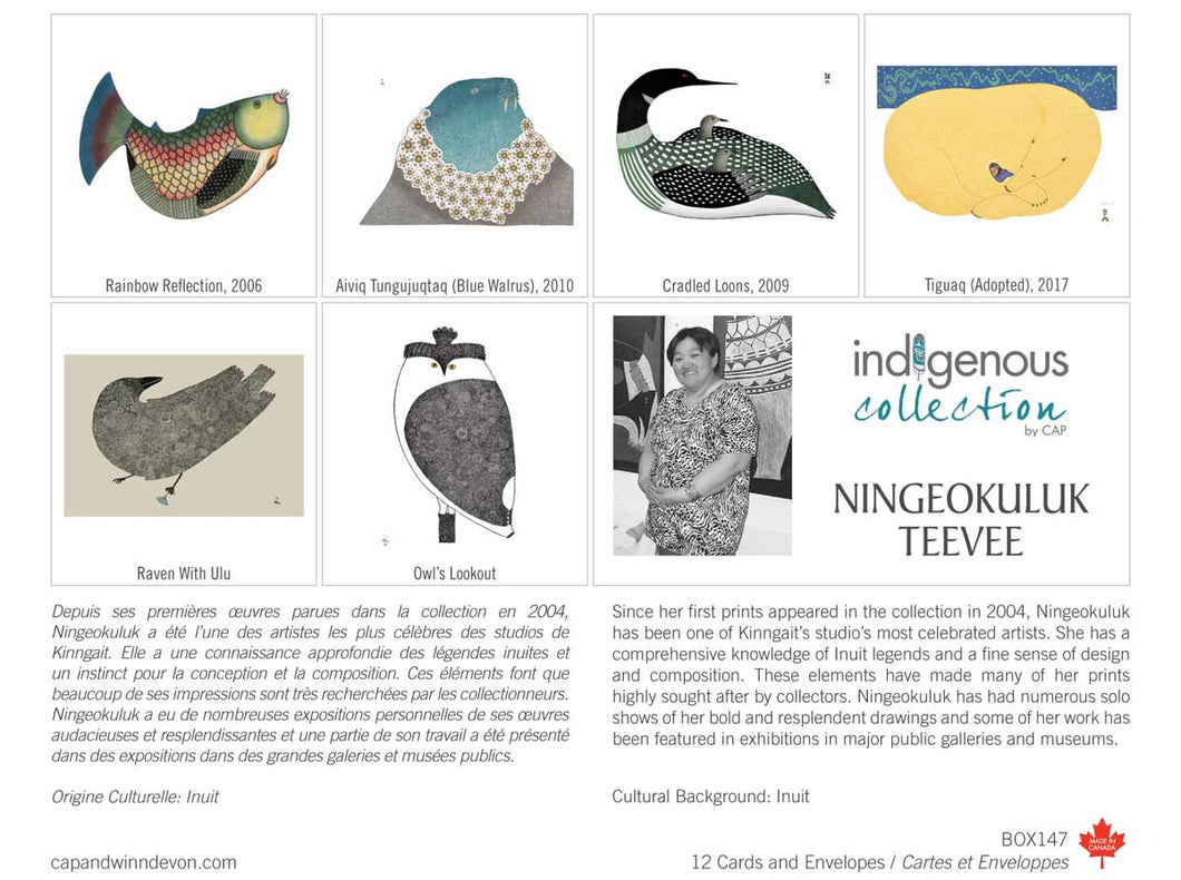 a boxed set of note cards featuring Inuit art by Ningeokuluk Teevee. Includins a salmaon, walrus, loon, polar bear, raven and owl, box also has a photo and bio of the artist.