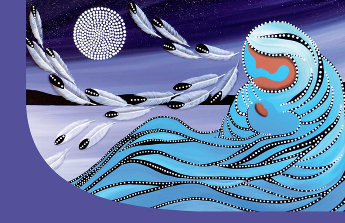 Indigenous art picture of a woman holding a baby with feathers and a moon , blue 