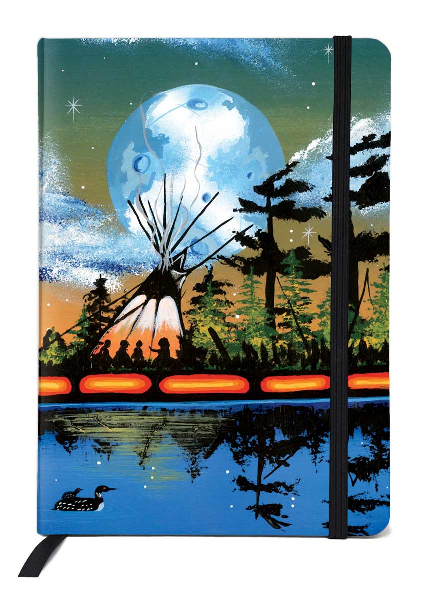 an illustration of an Indigenous Tee pee on a lake ith a large moon in backdrop, blue and orange 