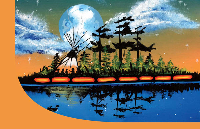 an indigenous illustration of a tee pee beside a lake with a large moon in background, orange and blue