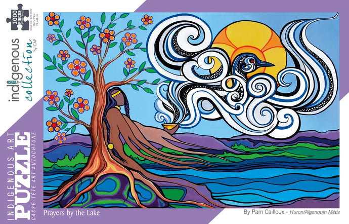 Indigenous illustration of a tree with a woman holding a smudge bowl swirling vapors into the sky with a loon and yellow sun 