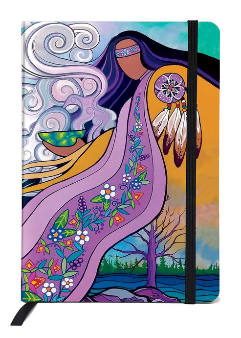 an illustration of Indigenous art, a woman in a colourful robe holding a smudge bowel, purple and green 