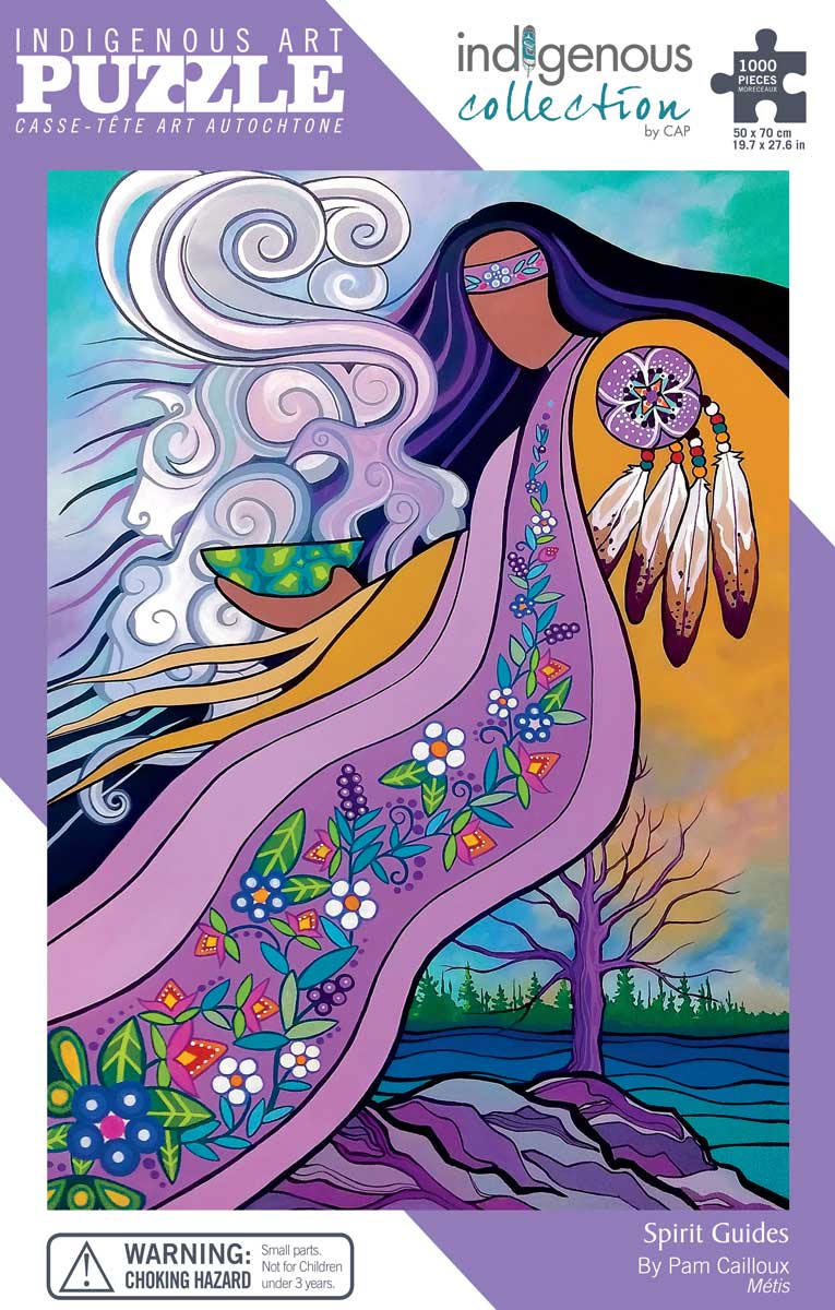 colourful illustration of an Indigenous woman in a flower roe in a nature setting coloured in purple