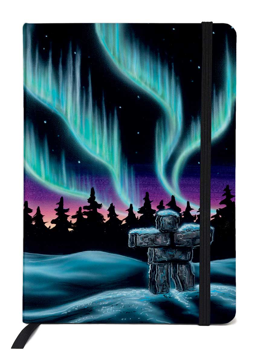 an illustration of an Indigenous Inukshuk with norther lights in dark turquoise blue colours 