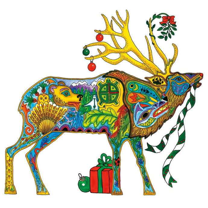 a package of paper napkins with Indigenous art design of an elk festooned with Christmas decor 