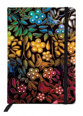 an illustration of Indigenous flowers and butterflies in multi colours, red, blue, gold