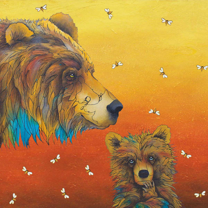 colourfu illustration of a mama bear and baby with bees buzzing about 
