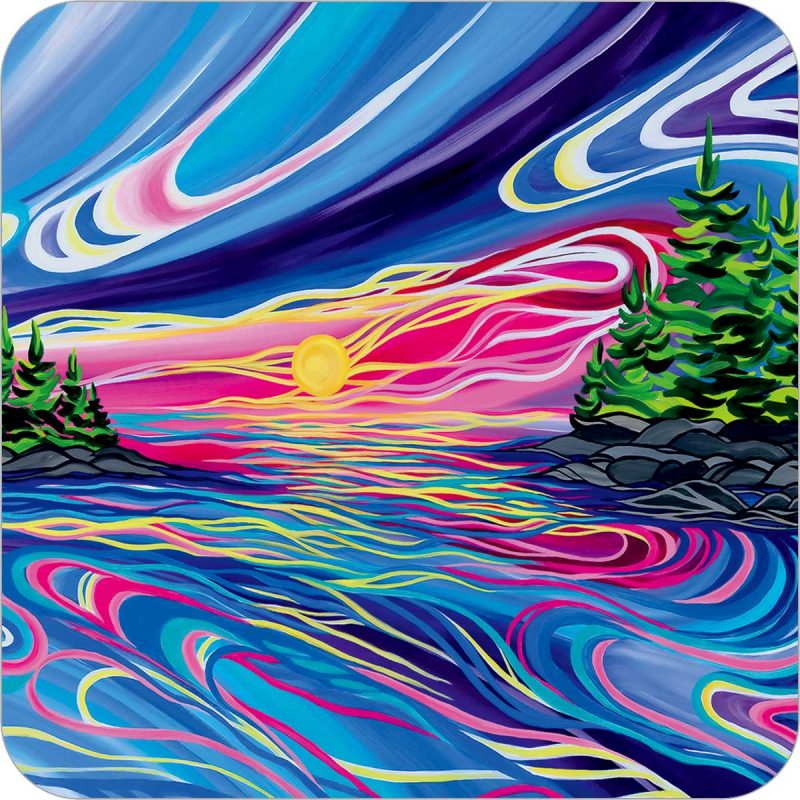 a drink coaster with indigenous art design of a lake and water and trees in a sunset