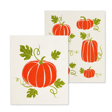 Load image into Gallery viewer, tow rectangle shaped swedish dishcloths with pumpkin drawing on each. orange colours on cream cloth with green leavess
