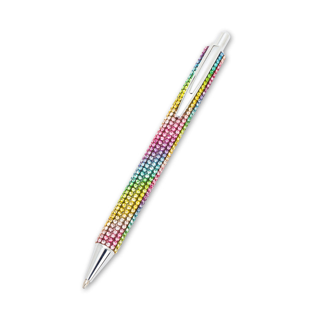 a pen with rainbow coloured crystal covering it 
